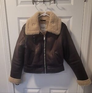 NWT - Abercrombie & Fitch Brown Leather Jacket with Cream Shearling